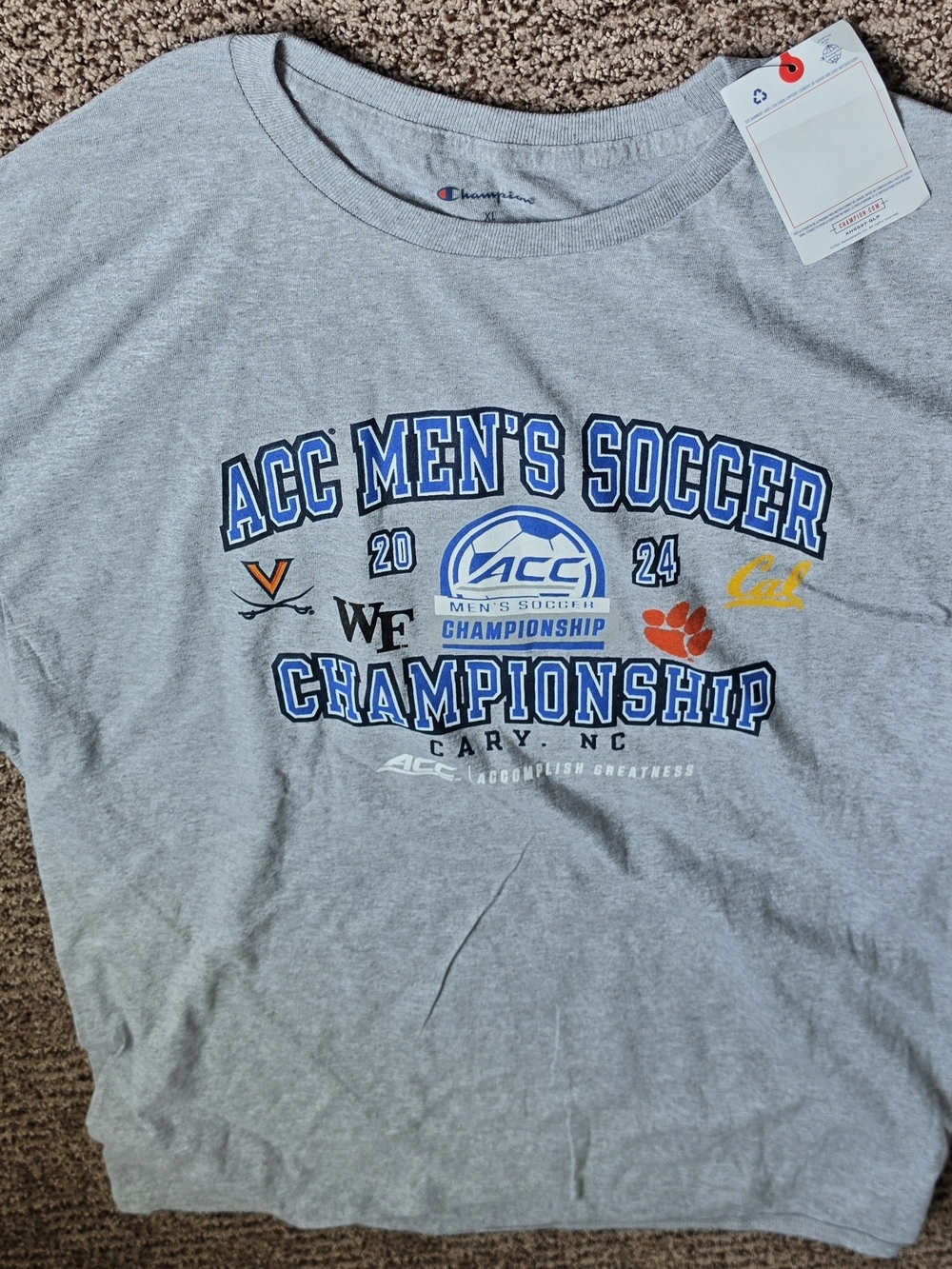 Champion Gray ACC Men's Soccer 2024 Championship Tee with Blue Graphics